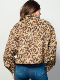 WOMEN'S LONG SLEEVE BUTTON CLOSURE POCKETS ANIMAL PRINT FUZZY JACKET
