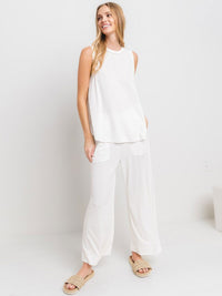 WOMEN'S ELASTIC WAIST FRONT POCKETS WIDE LEG PANTS