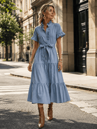 WOMEN'S SHORT SLEEVE BUTTON UP SELF TIE POCKETS TIERED MAXI DRESS
