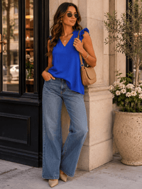 WOMEN'S RUFFLE SLEEVE V-NECK BLOUSE