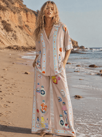 WOMEN'S SHORT SLEEVE BLOUSE & ELASTIC WAIST WIDE LEG PANTS MULTI PRINT 2PC. SET