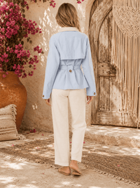 WOMEN'S LONG SLEEVE BUTTON FRONT POCKETS SELF TIE DENIM JACKET