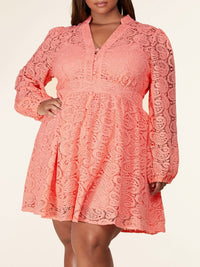 PLUS SIZE LONG SLEEVE LACE V-NECK MINI DRESS