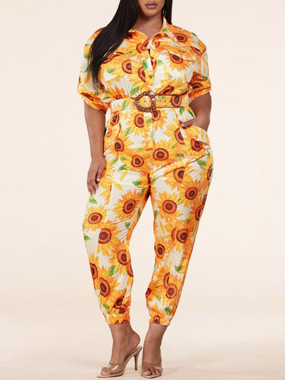 PLUS SIZE SHORT SLEEVE BUTTON UP POCKETS BELTED SUNFLOWERS JUMPSUIT