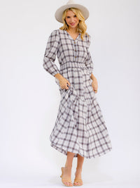 WOMEN'S LONG SLEEVE V-NECK BUTTON ELASTIC WAIST FRONT POCKETS PLAID MAXI DRESS