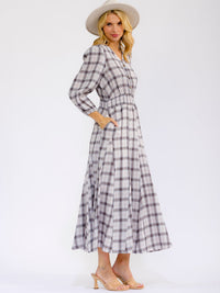 WOMEN'S LONG SLEEVE V-NECK BUTTON ELASTIC WAIST FRONT POCKETS PLAID MAXI DRESS