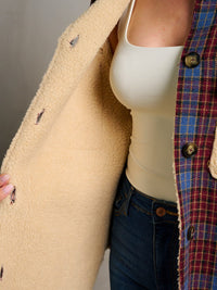 WOMEN'S LONG SLEEVE BUTTON CLOSURE SHERPA PLAID JACKET