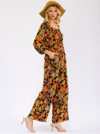 WOMEN'S LONG SLEEVE SQUARE NECK BUTTON UP WIDE LEG FLORAL JUMPSUIT