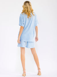 WOMEN'S SHORT SLEEVE BUTTON UP RIBBED BLOUSE