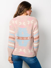 WOMEN'S LONG SLEEVE MULTI PRINT PULLOVER SWEATER