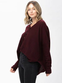 WOMEN'S LONG SLEEVE V-NECK BUTTON UP HIGH-LOW TUNIC WAFFLE BLOUSE