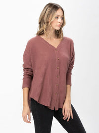 WOMEN'S LONG SLEEVE V-NECK BUTTON UP HIGH-LOW TUNIC WAFFLE BLOUSE