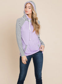 WOMEN'S LONG SLEEVE FRONT POCKET HOODED STRIPES COLORBLOCK TOP