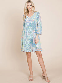 WOMEN'S 3/4 SLEEVE V-NECK LOOSE FIT MULTI PRINT TUNIC MINI DRESS