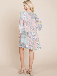 WOMEN'S 3/4 SLEEVE V-NECK LOOSE FIT MULTI PRINT TUNIC MINI DRESS
