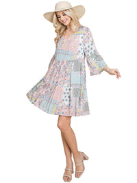 WOMEN'S 3/4 SLEEVE V-NECK LOOSE FIT MULTI PRINT TUNIC MINI DRESS