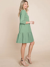 WOMEN'S 3/4 SLEEVE V-NECK BUTTON UP TIERED LOOSE FIT MIDI DRESS