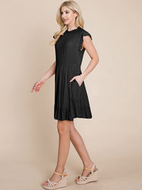 WOMEN'S RUFFLE SLEEVE MOCK NECK FRONT POCKETS TIERED MINI DRESS
