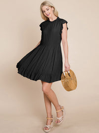 WOMEN'S RUFFLE SLEEVE MOCK NECK FRONT POCKETS TIERED MINI DRESS