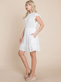 WOMEN'S RUFFLE SLEEVE MOCK NECK FRONT POCKETS TIERED MINI DRESS