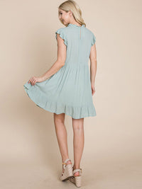 WOMEN'S RUFFLE SLEEVE MOCK NECK FRONT POCKETS TIERED MINI DRESS