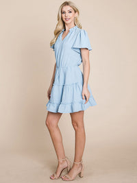 WOMEN'S SHORT SLEEVE V-NECK ELASTIC WAIST TIERED MINI DRESS