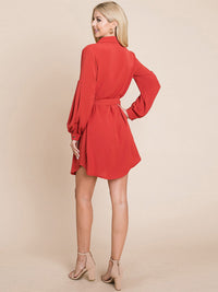 WOMEN'S LONG SLEEVE BUTTON UP SELF TIE MINI DRESS