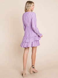 WOMEN'S LONG SLEEVE V-NECK BUTTON UP RUFFLE TIERED MINI DRESS