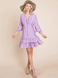 WOMEN'S LONG SLEEVE V-NECK BUTTON UP RUFFLE TIERED MINI DRESS