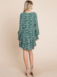 WOMEN'S 3/4 SLEEVE V-NECK FRONT POCKETS LOOSE FIT TIERED TUNIC FLORAL MINI DRESS