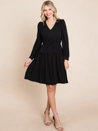 WOMEN'S LONG SLEEVE V-NECK FIT & FLARE TIERED MIDI DRESS