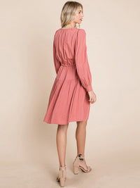 WOMEN'S LONG SLEEVE V-NECK FIT & FLARE TIERED MIDI DRESS