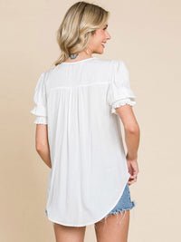WOMEN'S SHORT PUFF SLEEVE V-NECK BUTTON UP BLOUSE