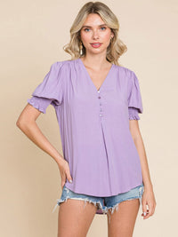 WOMEN'S SHORT PUFF SLEEVE V-NECK BUTTON UP BLOUSE