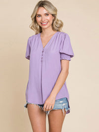 WOMEN'S SHORT PUFF SLEEVE V-NECK BUTTON UP BLOUSE