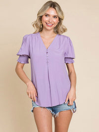 WOMEN'S SHORT PUFF SLEEVE V-NECK BUTTON UP BLOUSE