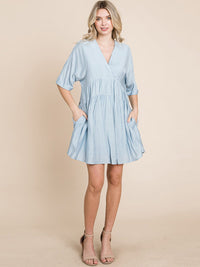 WOMEN'S SHORT SLEEVE V-NECK SURPLICE LOOSE FIT TIERED TUNIC MINI DRESS