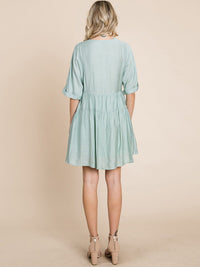 WOMEN'S SHORT SLEEVE V-NECK SURPLICE LOOSE FIT TIERED TUNIC MINI DRESS