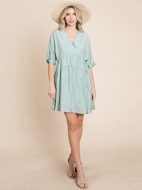 WOMEN'S SHORT SLEEVE V-NECK SURPLICE LOOSE FIT TIERED TUNIC MINI DRESS