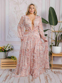 PLUS SIZE LONG SLEEVE V-NECK OPEN BACK MULTI PRINT MAXI DRESS