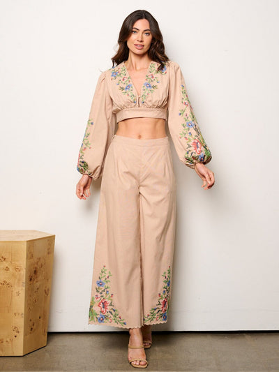 WOMEN'S LONG SLEEVE CROP TOP & PALAZZO PANTS EMBROIDERY DETAILED 2PC.SET