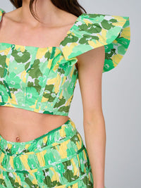 WOMEN'S RUFFLE SLEEVE CROP TOP & ELASTIC WAIST SKIRT SMOCK FLORAL 2PC. SET