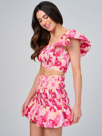 WOMEN'S RUFFLE SLEEVE CROP TOP & ELASTIC WAIST SKIRT SMOCK FLORAL 2PC. SET