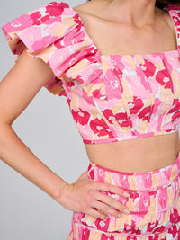 WOMEN'S RUFFLE SLEEVE CROP TOP & ELASTIC WAIST SKIRT SMOCK FLORAL 2PC. SET