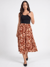 WOMEN'S ELASTIC WAIST FRONT POCKETS FLORAL MIDI SKIRT