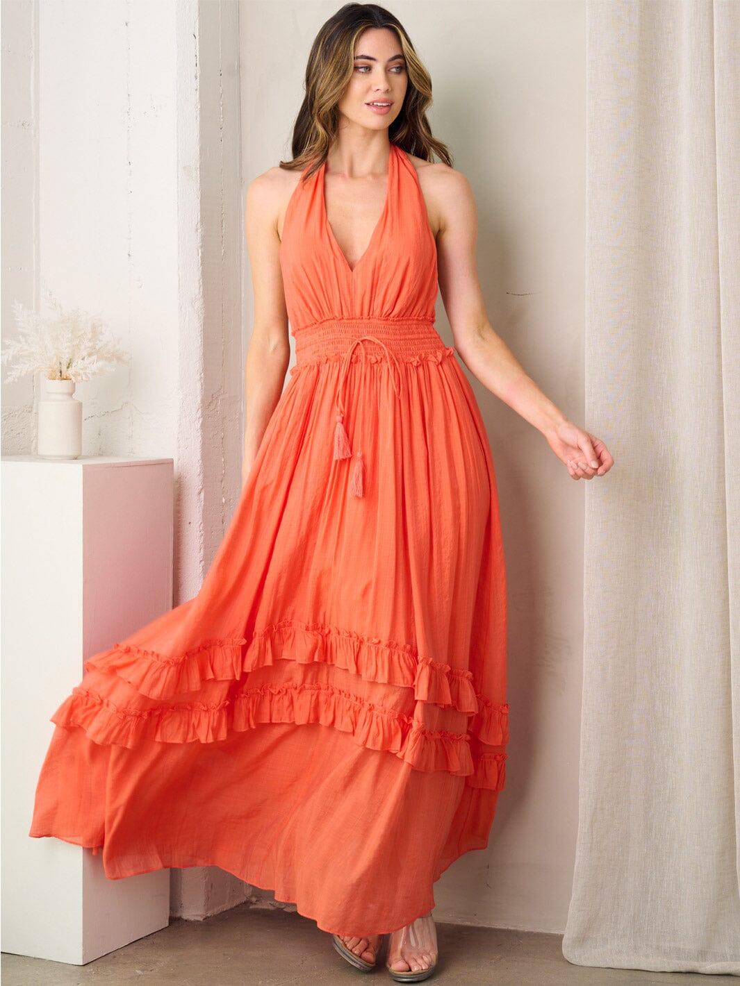 WOMEN'S SLEEVELESS HALTER NECK OPEN BACK RUFFLE TIERED MAXI DRESS WOMEN'S SLEEVELESS HALTER NECK OPEN BACK RUFFLE TIERED MAXI DRESS