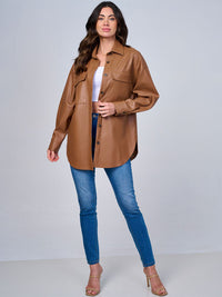 WOMEN'S LONG SLEEVE BUTTON CLOSURE FRONT POCKET PU PLEATHER JACKET