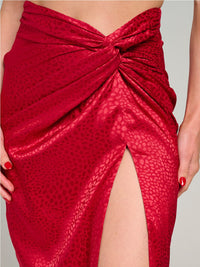 WOMEN'S ZIP UP ANIMAL PRINT RUCHED FRONT SLIT MIDI SKIRT