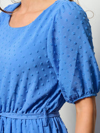 WOMEN'S SHORT SLEEVE SELF TIE SWISS DETAILED MINI DRESS