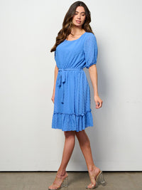 WOMEN'S SHORT SLEEVE SELF TIE SWISS DETAILED MINI DRESS